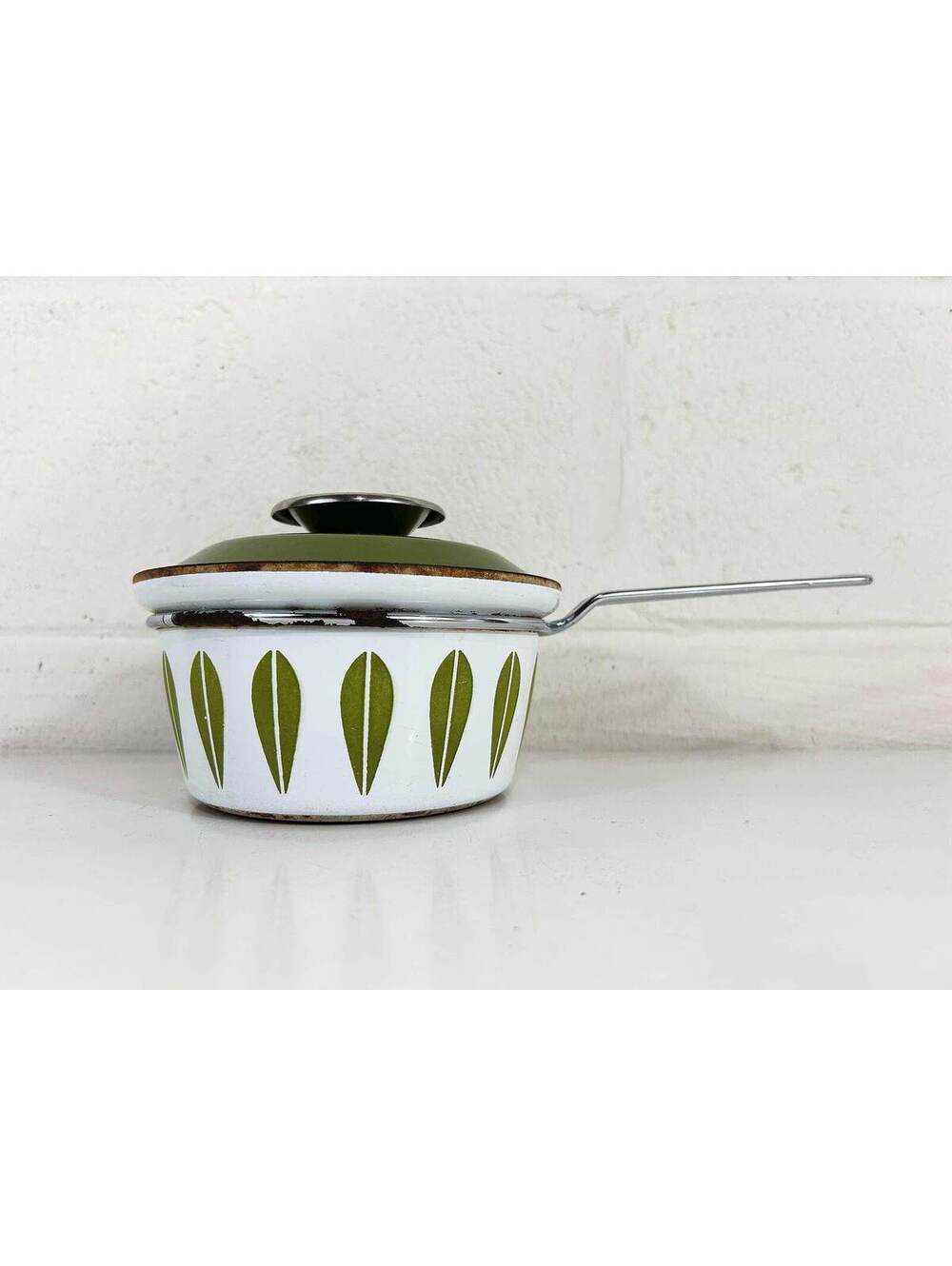 Cathrineholm Saucepan Enamel White Green Norway Scandinavian Pot 1960s
